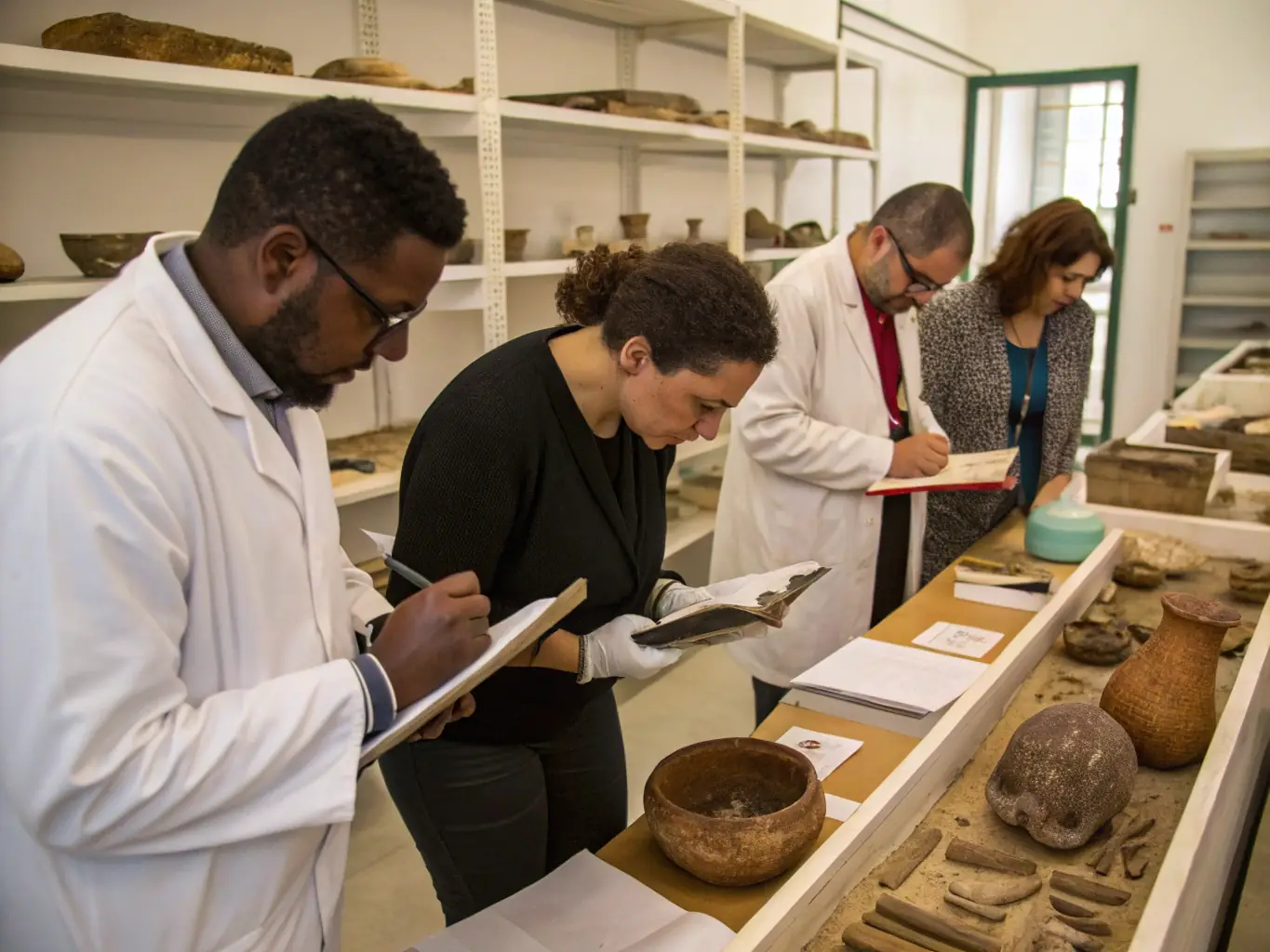 Researchers collaborating in a lab, analyzing Bronze Age artifacts and discussing their findings. The lab is well-equipped with microscopes, computers, and various analytical instruments.