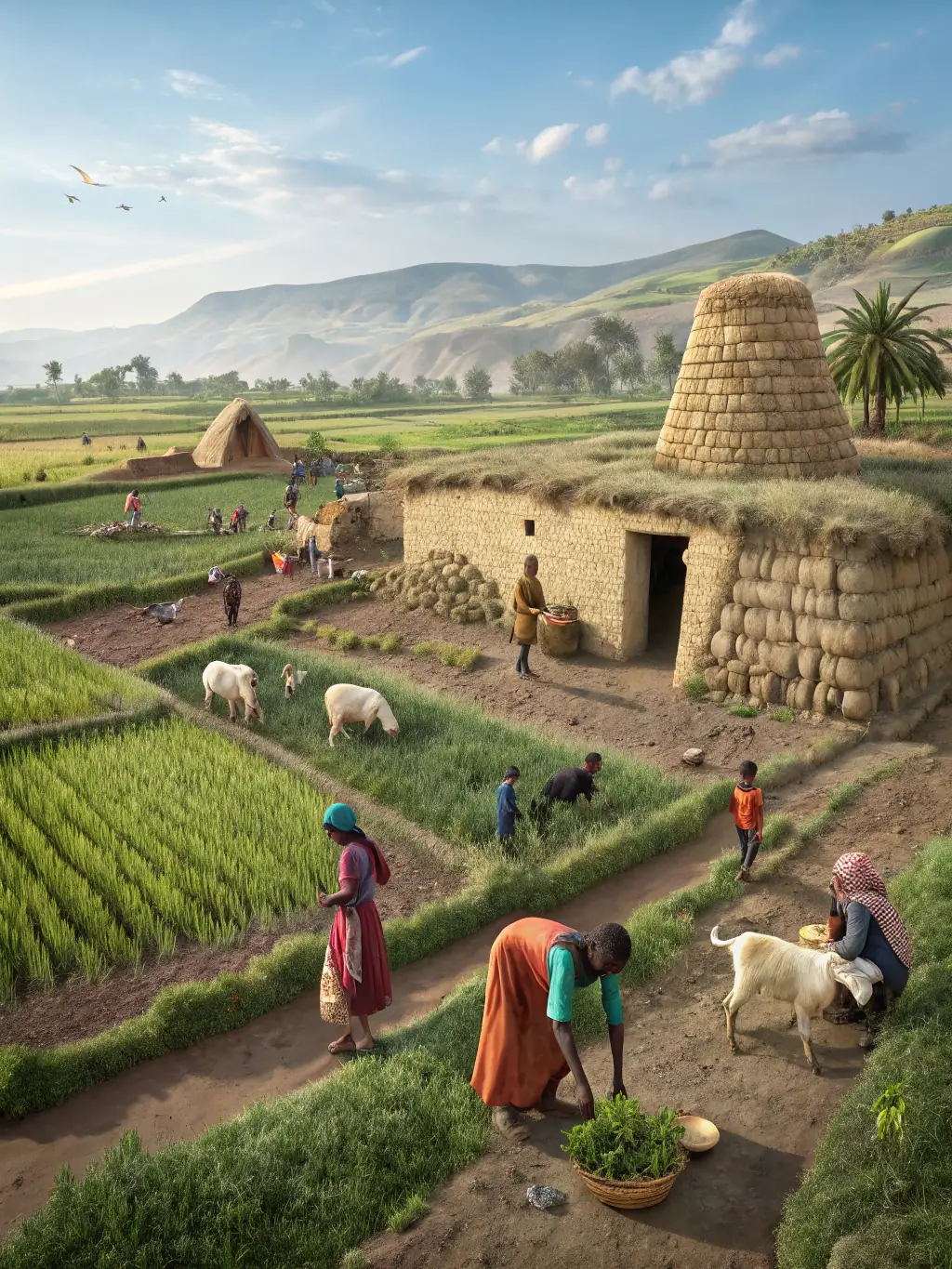 A digital rendering of a Bronze Age settlement based on archaeological findings, showcasing daily life and architecture.