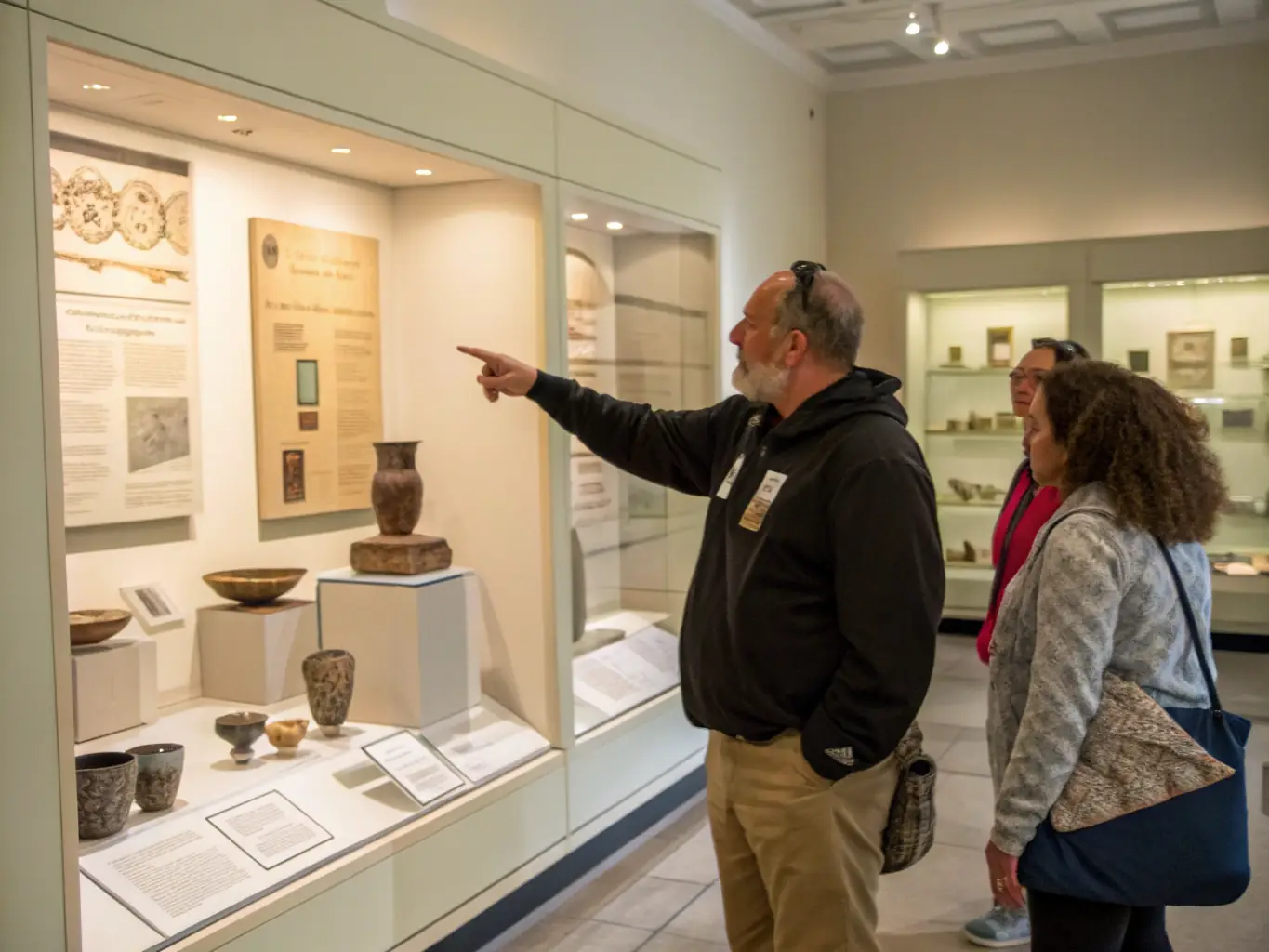 A public lecture in a museum, with an archaeologist presenting findings on Bronze Age tools and technologies to an engaged audience. The museum is filled with exhibits showcasing Bronze Age artifacts.