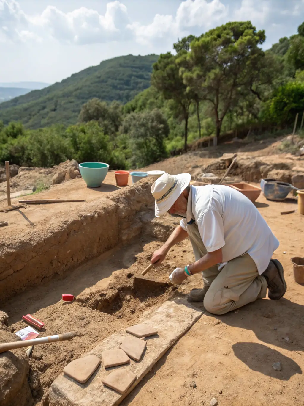 An image of archaeologists carefully excavating a Bronze Age burial site, uncovering pottery shards and bronze tools.