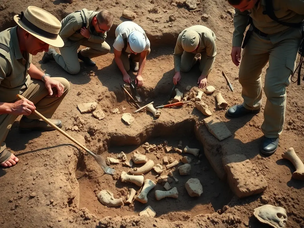 A group of archaeologists carefully excavating a Bronze Age burial site, uncovering artifacts and skeletal remains. The scene is set in a sunny, open field with excavation tools and equipment visible.